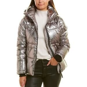 S13 Women Kylie Metallic Down Filled Coat Small Silver Gray Hooded Winter Jacket